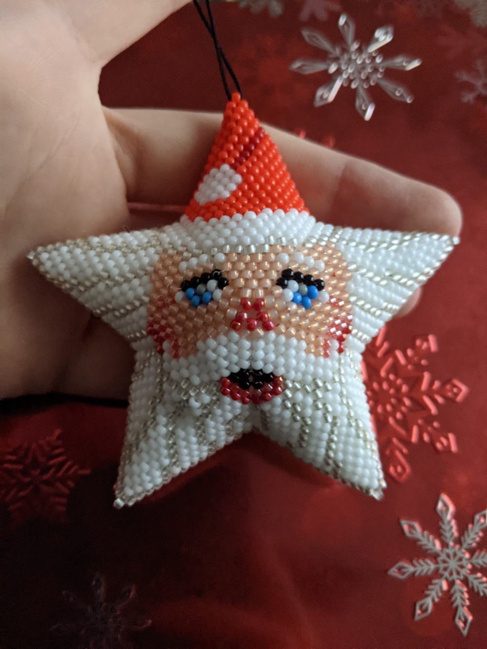 Beaded Santa Star Holiday Ornament - White & Red